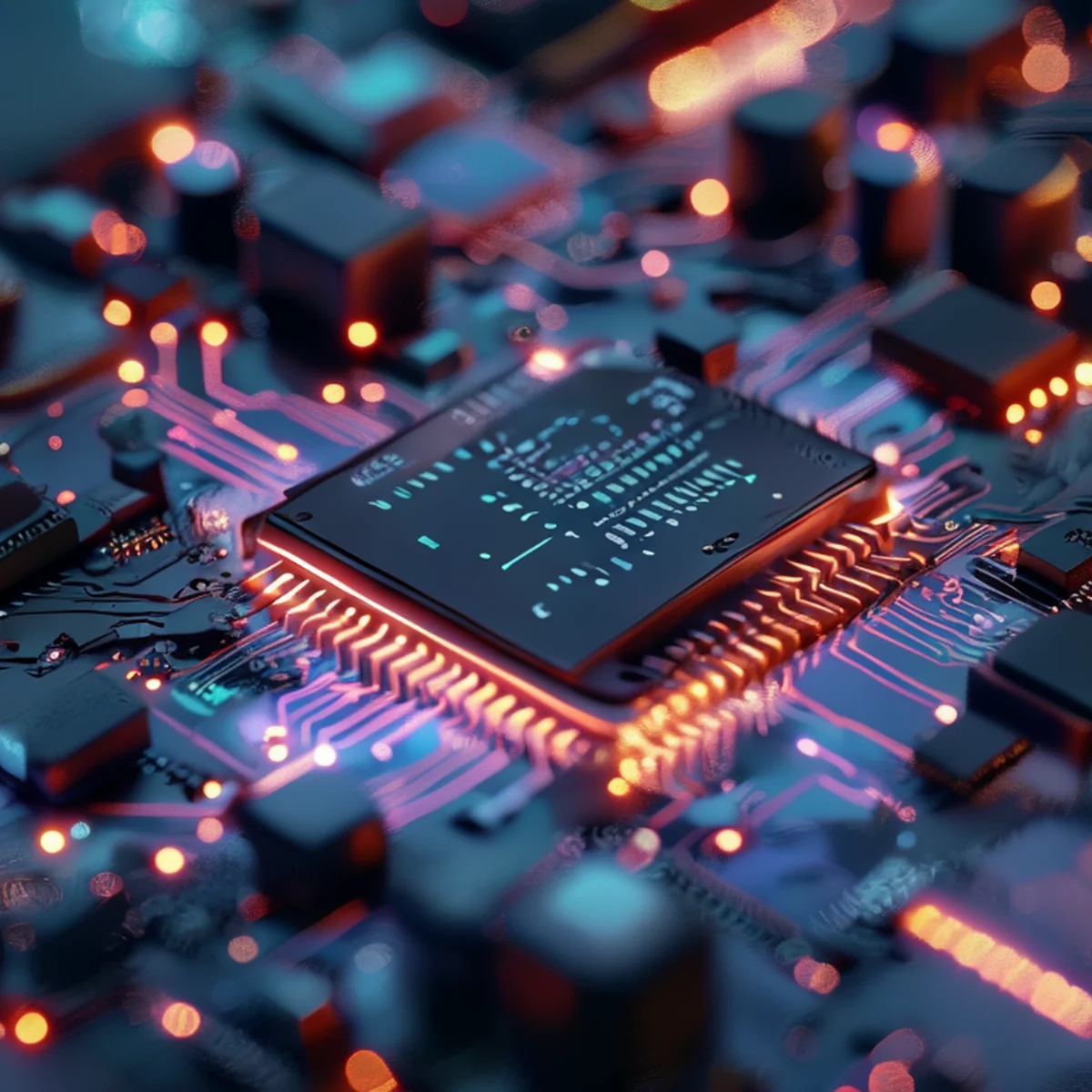 dettaglio di componenti tecnologici e microchip futuristici
