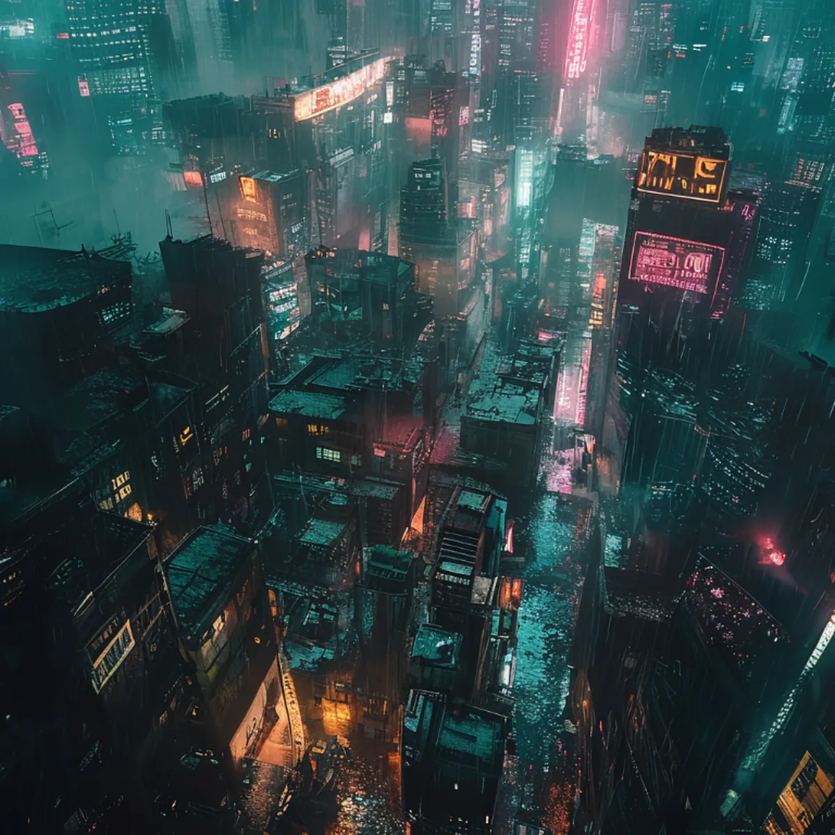 vogelvlucht van een dystopische megastad met neonverlichting