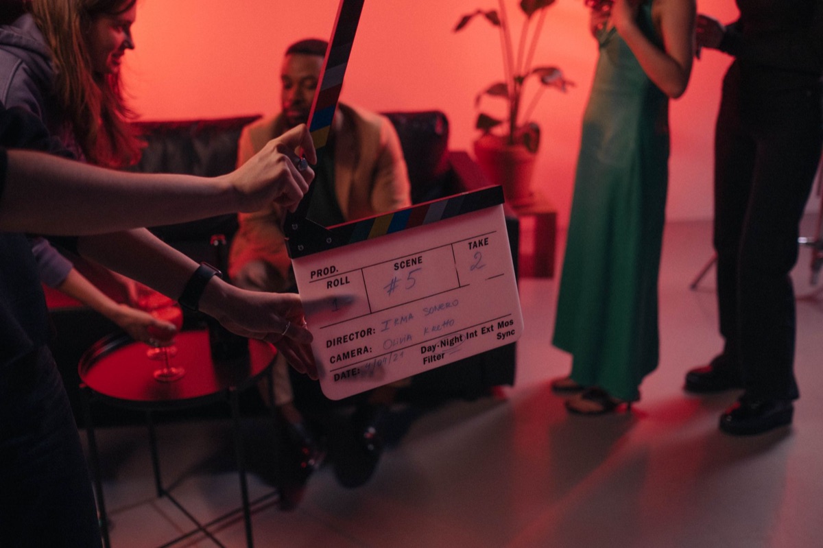 Clapperboard on a wooden surface