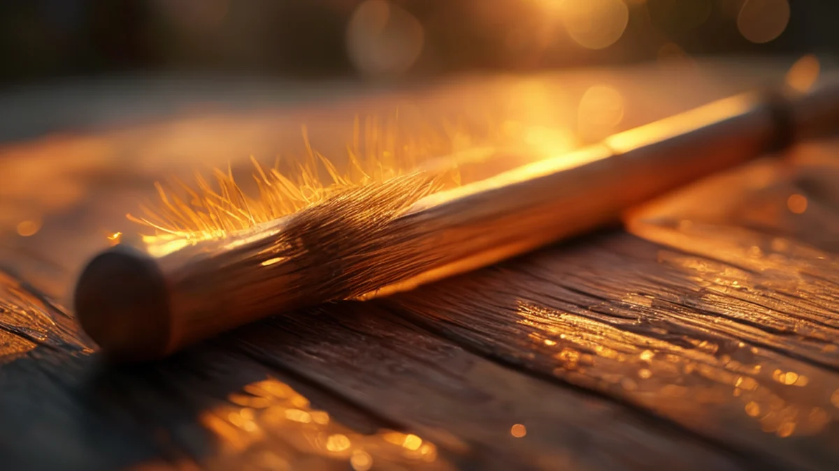 Kinematografische Rollbürste mit Holzgriff und Borsten, goldenes Stundenturn, flache Schärfe, photorealistisch, scharfe Fokussierung, hohe Details