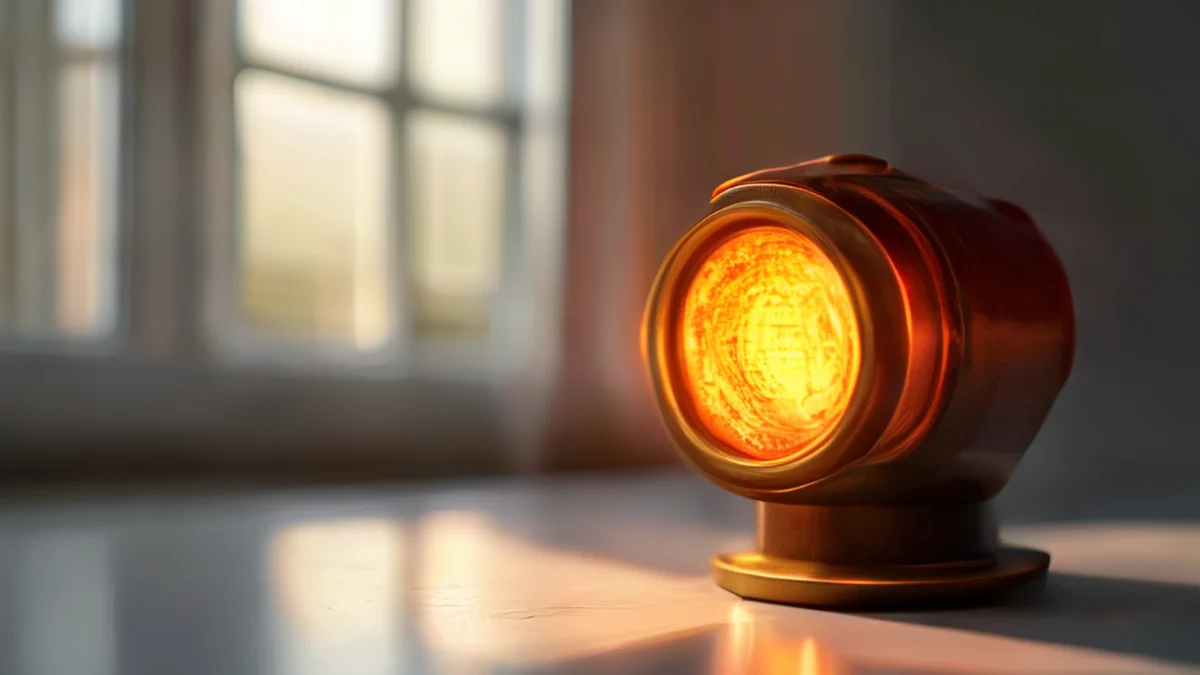Cinema Lamp Socket, brass, cylindrical, burnt orange, textured, on white table, soft window light, shallow depth of field, photorealistic, sharp focus, high detail