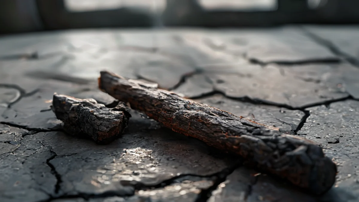 Un clavo carbonizado, arrancado sobre un suelo de concreto fracturado bajo luz suave de ventana, campo de profundidad baja, realismo fotográfico, detalles altos