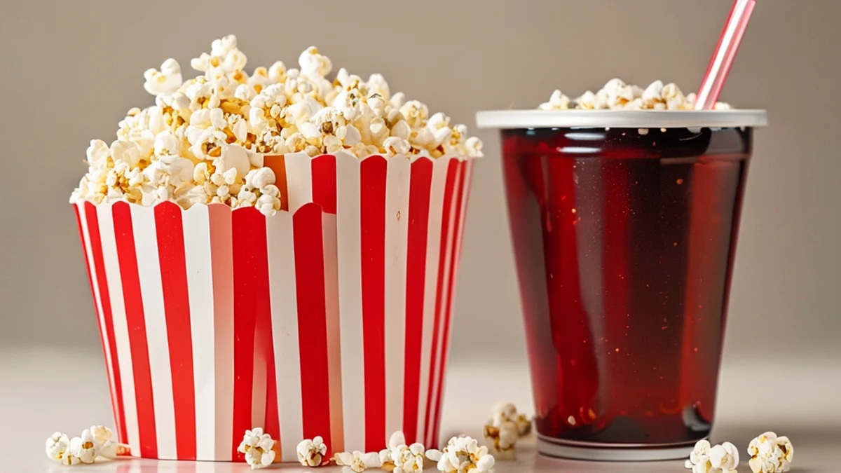 Une personne tient une boîte de popcorn avec des noix et une bouteille de soda.