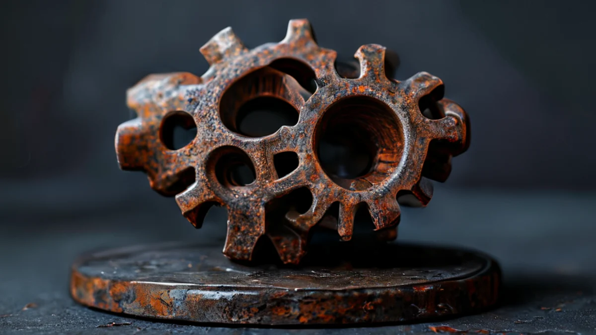 Riduzione, acciaio ruggine, denti interconnessi, bordi corrodenti, su un supporto metallico, box di illuminazione studio pulita, profondità di campo sottile, realismo fotografico, focus netto, dettagli elevati