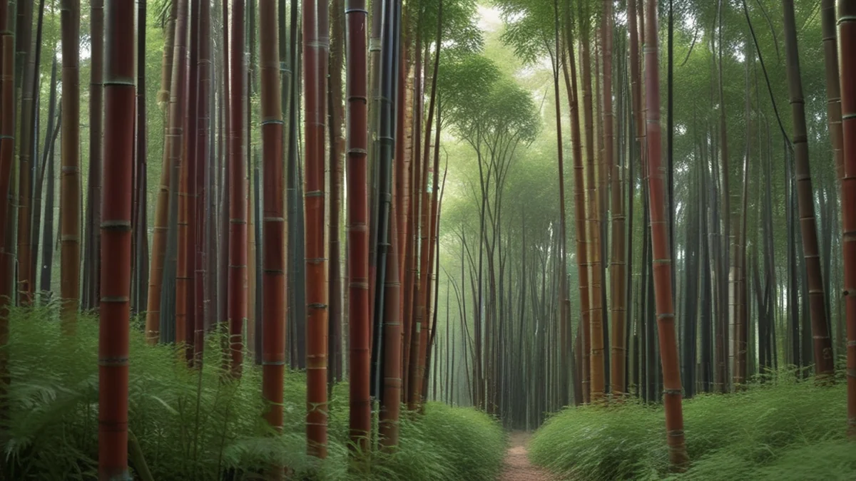 Foresta di bambù rosso con tigli alti e colore rosso intenso.